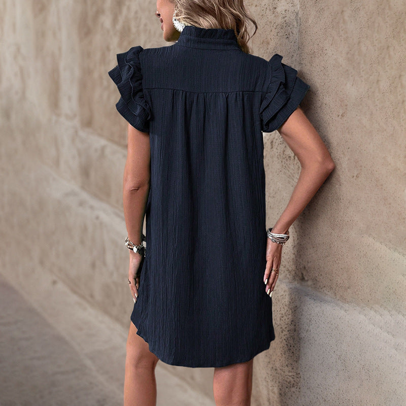 Women Fashion Casual Solid Color Multi-Layer Lotus Leaf Sleeve V-Neck Dress