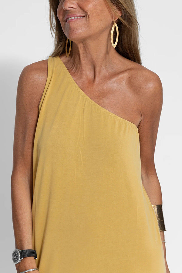 Summer Women Casual Slip-Shoulder Slip Solid Color Maxi Dress