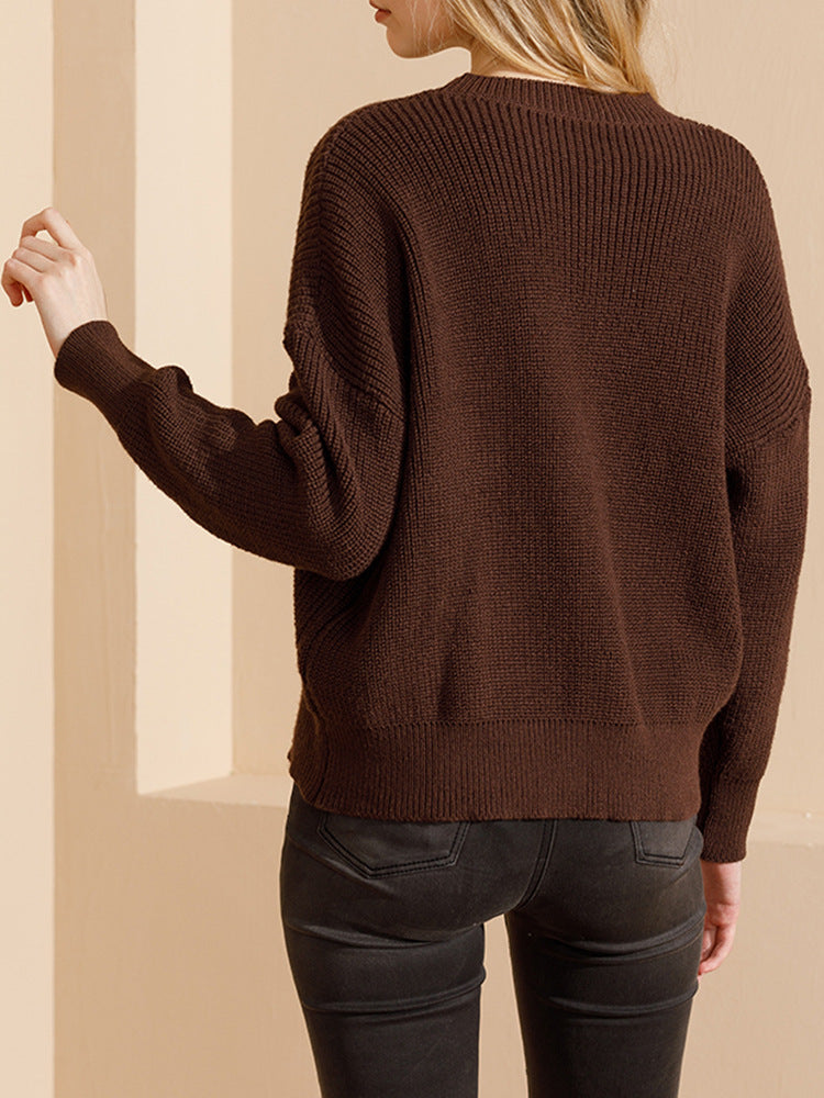 Suéter de punto de color liso con cuello redondo informal a la moda para mujer