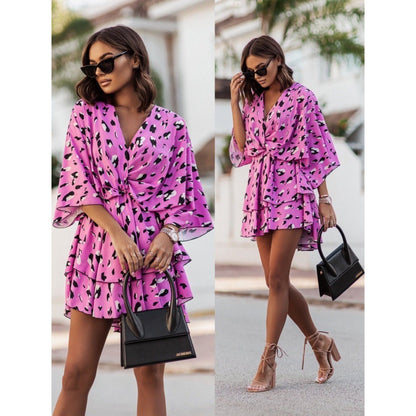 Women Fashion Casual Floral Printing Defined Waist Ruffled Wrap Dresses