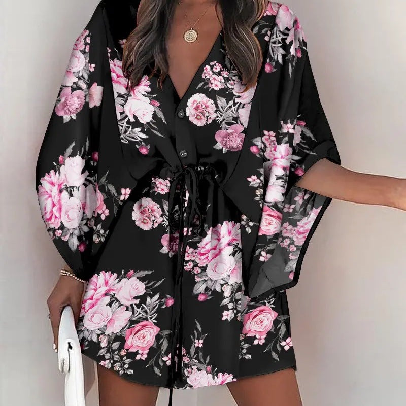 Women'S Casual V-Neck Drawstring Print Dress