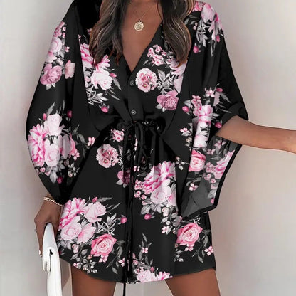Women'S Casual V-Neck Drawstring Print Dress