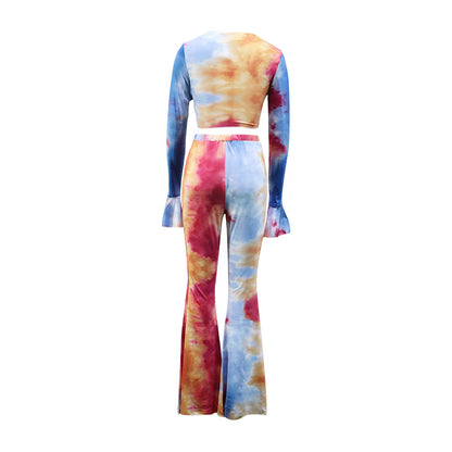 Conjunto de dos piezas de camiseta y pantalones holgados de manga larga con efecto tie-dye para mujer