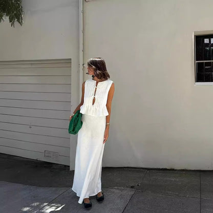Conjunto de dos piezas formado por top y falda con tirantes, sin mangas, de lino y algodón, informal, de verano para mujer
