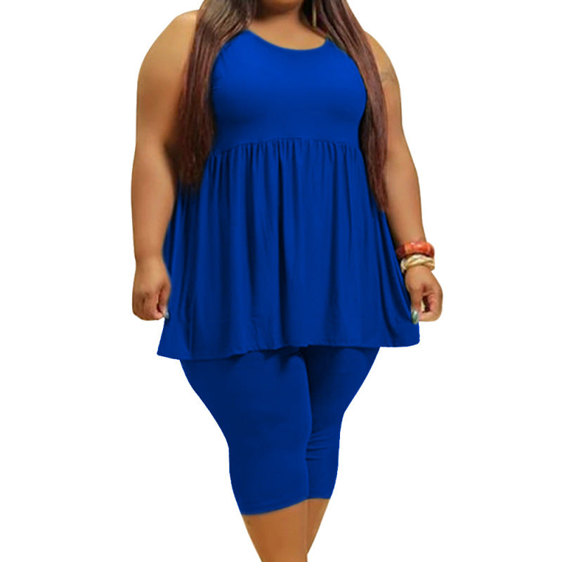 Conjunto de dos piezas con volantes de color liso sin mangas sexy informal de verano para mujer de talla grande