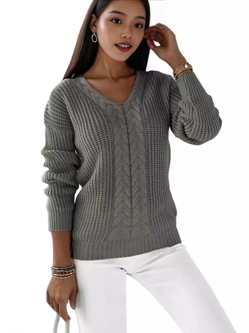 Women Fashion Casual V-Neck Long Sleeve Solid Color Knitted Sweater