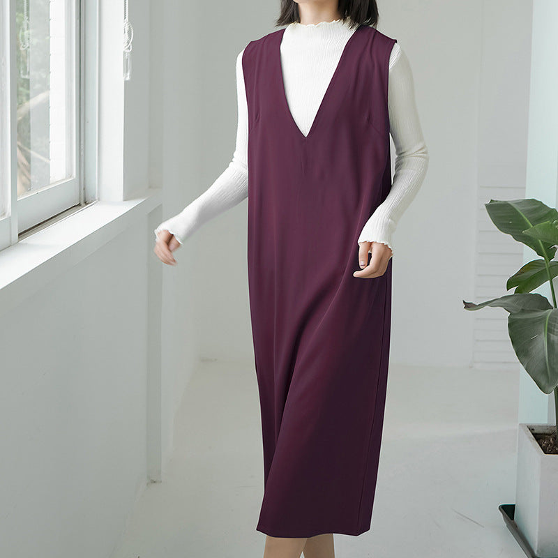 Women Casual Loose Solid Color Sleeveless V-Neck Over-The-Knee Pocket Dress