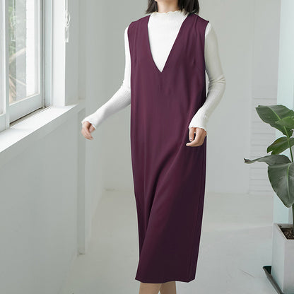 Women Casual Loose Solid Color Sleeveless V-Neck Over-The-Knee Pocket Dress
