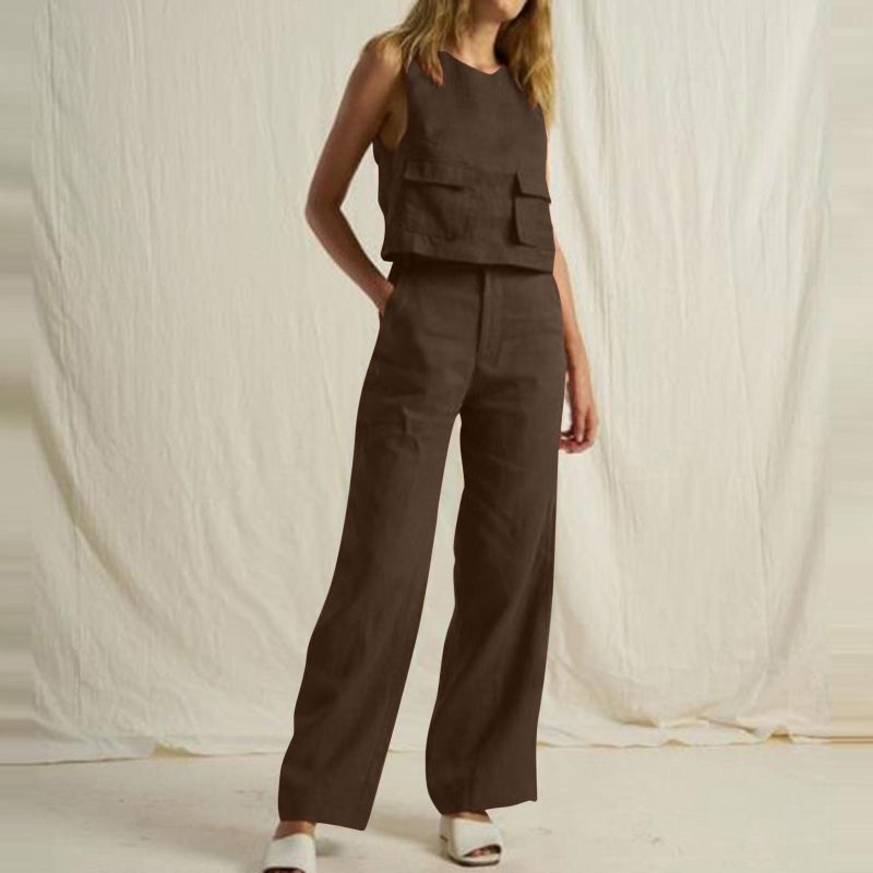 Conjunto de dos piezas informal de moda para mujer, sencillo, de color sólido, sin mangas, con bolsillos y pantalones