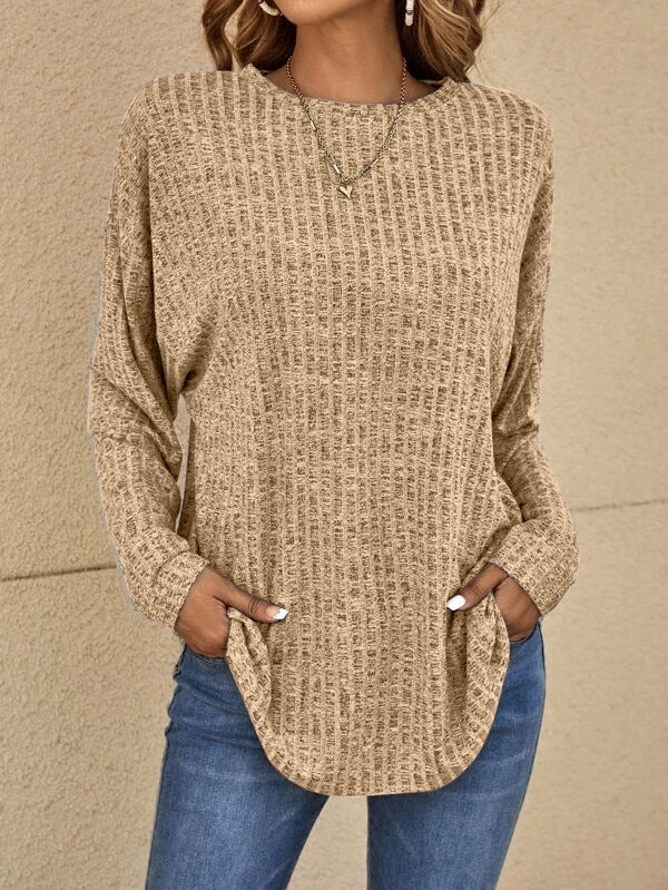 Camiseta holgada informal de talla grande para mujer, básica, de punto, de otoño, con cuello redondo, lisa, de manga larga
