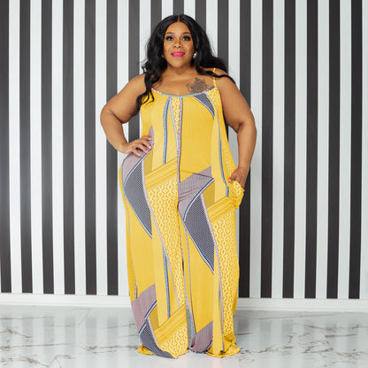 Plus Size Women Sling Print Loose Casual Jumpsuit