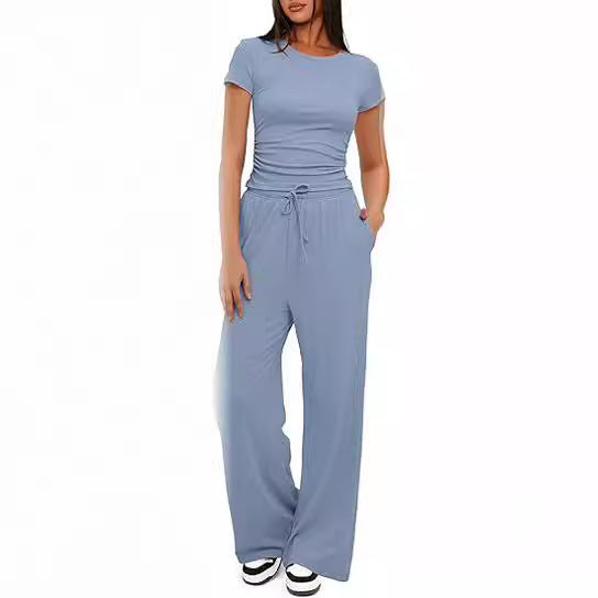 Conjunto de dos piezas de top y pantalón de manga corta de color liso informal para mujer