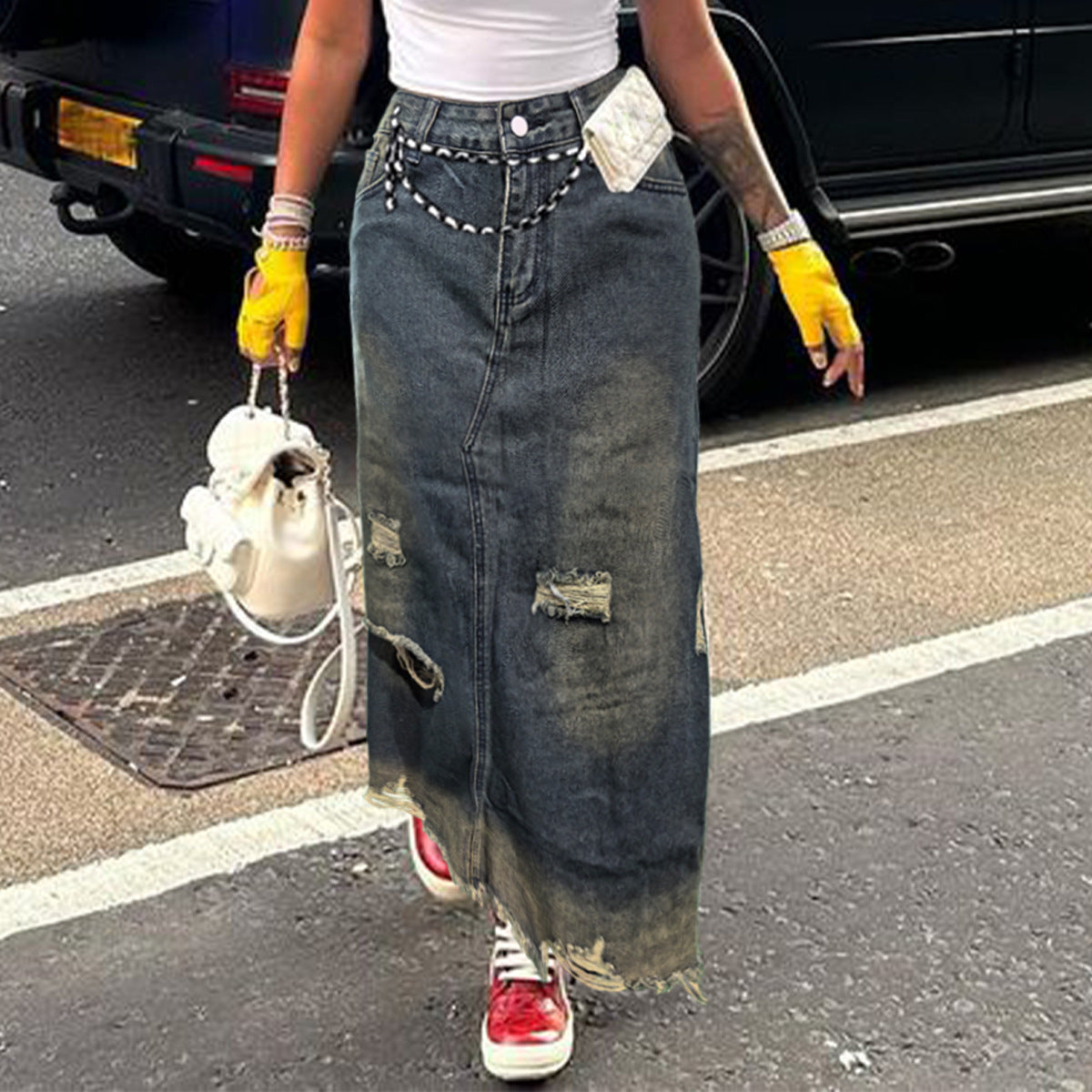 Women Fashion Casual Pocket Straight Loose Irregular Denim Skirt