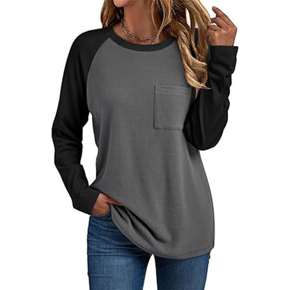 Camiseta informal de manga larga con cuello redondo y bolsillo para mujer