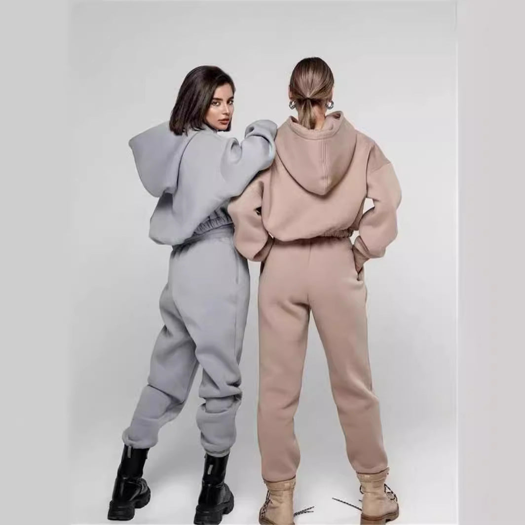 Autumn And Winter Fashion Athleisure Solid Color Hoodie Casual Pants Two-Piece Set