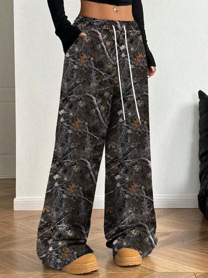 Women Fashion Casual Elastic Waist Camouflage Printed Wide Leg Pants