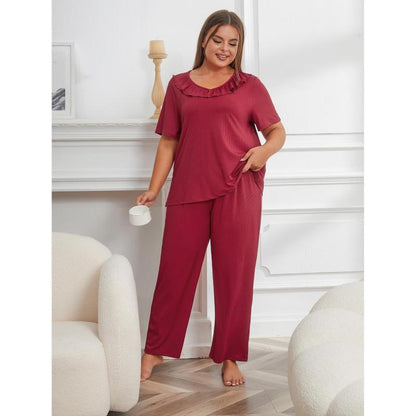 Women Casual Large Size Solid Color Short Sleeve Top And Pants Pajamas Set