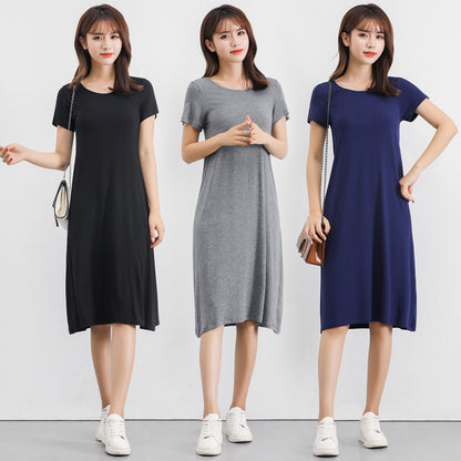 Vestido casual de manga corta de color liso para mujer
