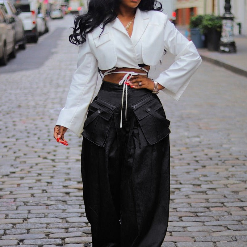 Women Spring Fashion Solid Colid Casual Street Detachable Pocket Wide Leg Cargo Pants