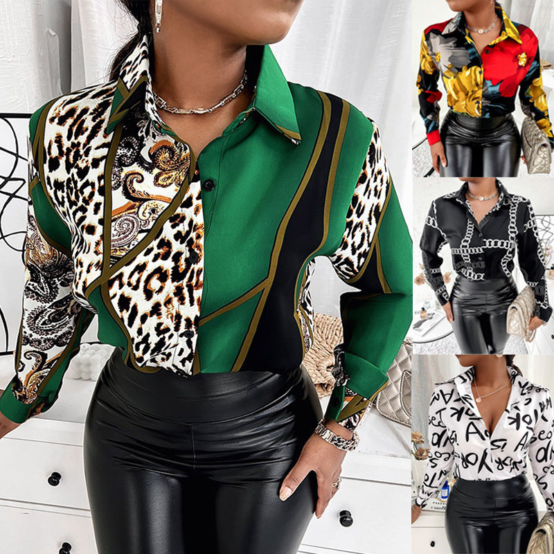 Camisa informal de manga larga con estampado floral y letras gráficas para mujer