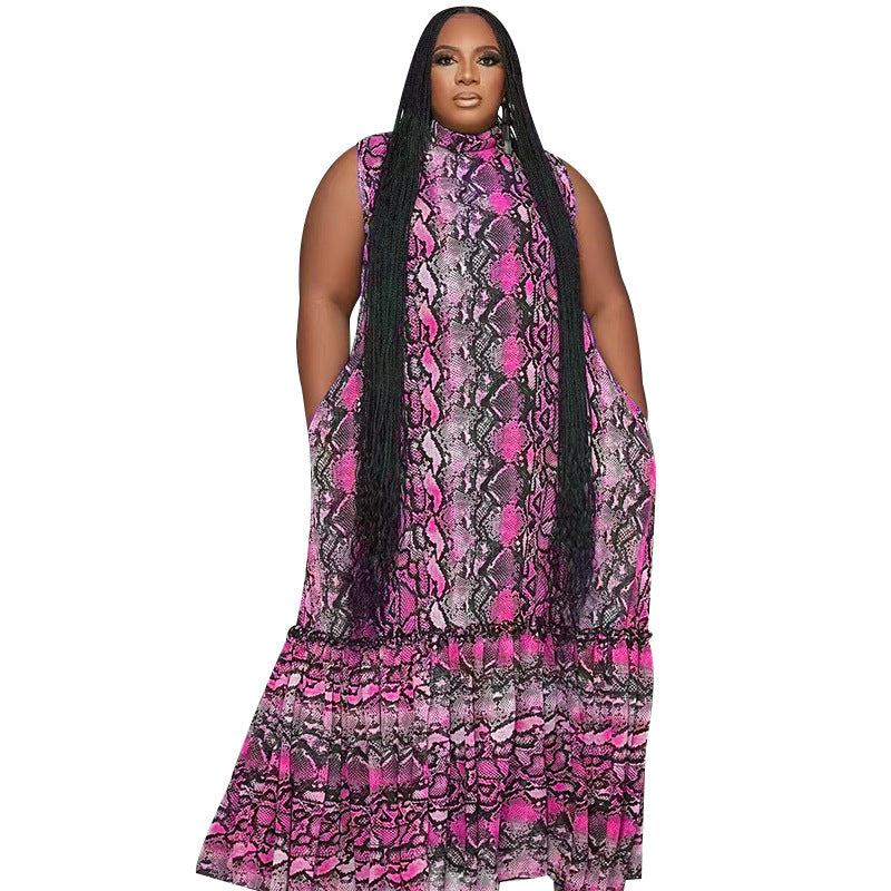 Sexy Women Plus Size Casual Sleeveless Snake Print Loose Maxi Dress