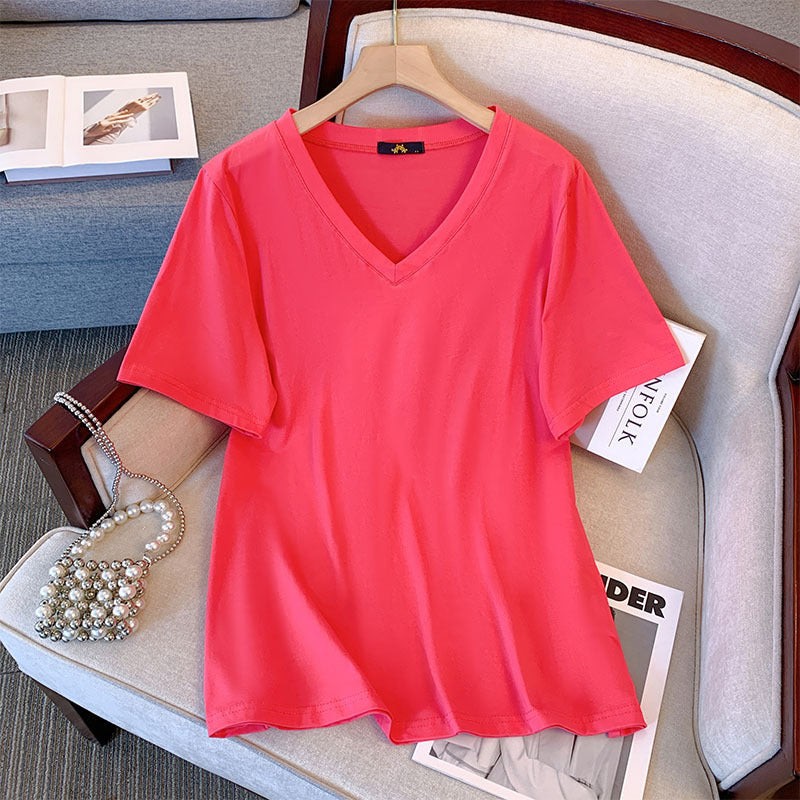 Camiseta informal de verano para mujer, color liso, cuello en V y manga corta