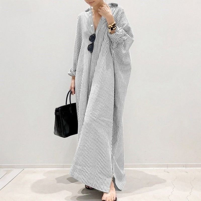 Women Fashion Casual Loose Stripe Cardigan Long Sleeve Maxi Dress