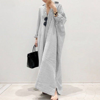 Women Fashion Casual Loose Stripe Cardigan Long Sleeve Maxi Dress
