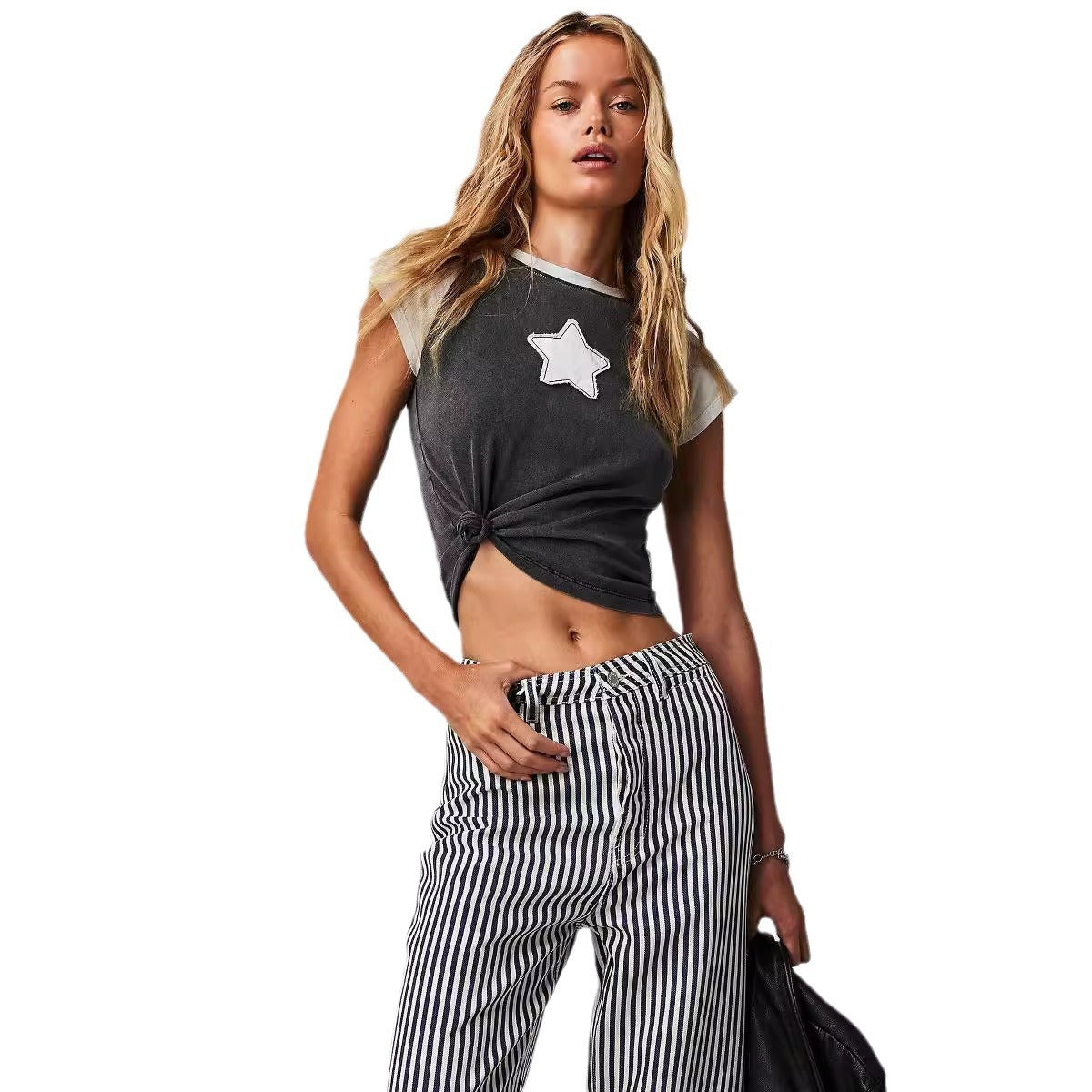 Camiseta informal de manga corta con cuello redondo y costuras de estrella de cinco puntas para mujer