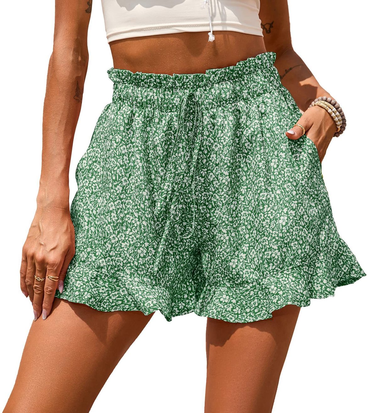 Women Fashion Casual Vacation Floral Printed Chiffon Pocket Drawstring Shorts