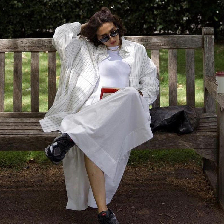 Camisa informal de manga larga a rayas con solapa para mujer