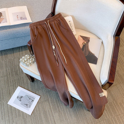 Women Fashion Casual Plus Size Solid Color High Waist Drawstring Pants