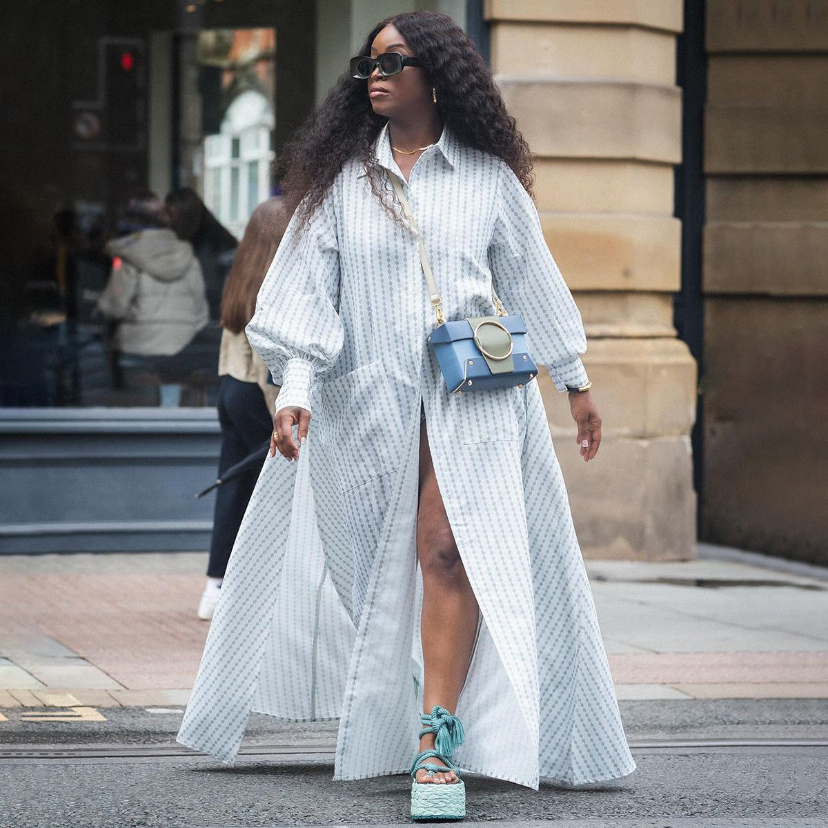 Women Stripe Printing Fashion Casual Long Plus Size Shirt Dress