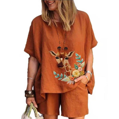 Women Casual Summer Floral Print Loose Short Sleeve T-Shirt And Shorts Set