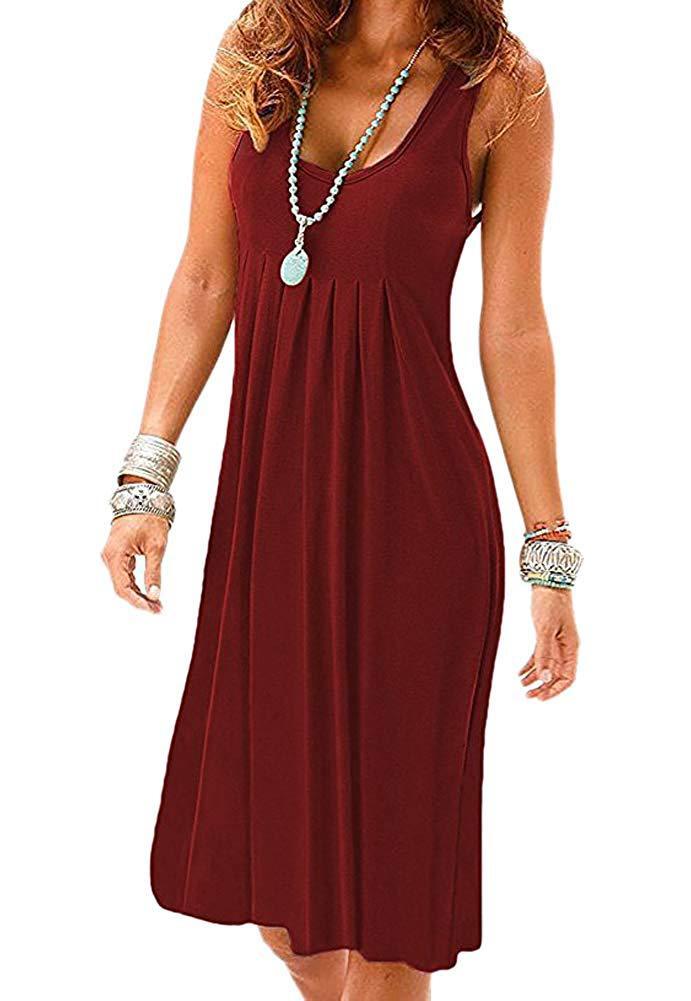 Women Casual Solid Color Loose Pleated Sleeveless Dress