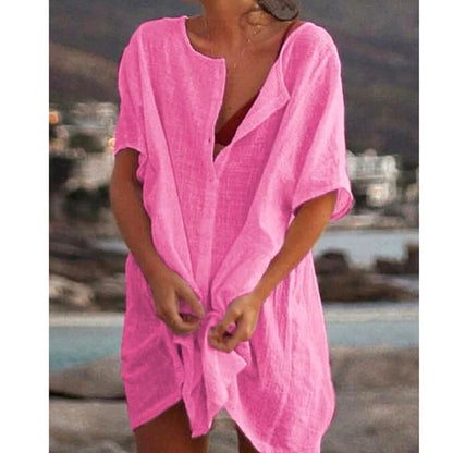 Blusa holgada informal de manga corta para mujer, color liso, para playa y vacaciones