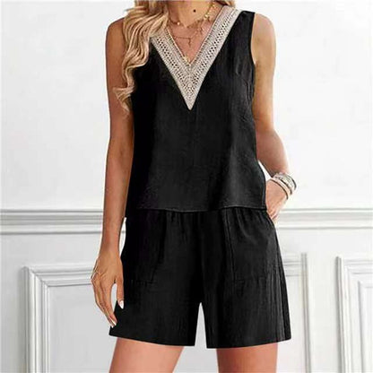 Conjunto informal de 2 piezas de top y pantalones cortos sin mangas con cuello en V de lino y algodón para mujer
