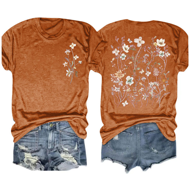 Camiseta informal de manga corta con cuello redondo y estampado floral para mujer