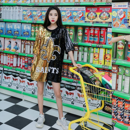 Camiseta informal de manga corta con lentejuelas y largo medio para mujer