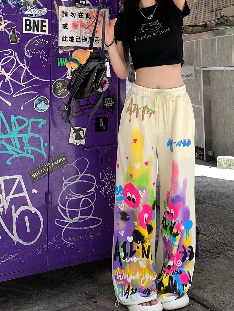 Pink Wide Leg Summer Loose High Waist Graffiti Casual Pants