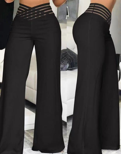 Summer Women Hollow High Waist Casual Straight Loose Office Solid Wide Leg Pants