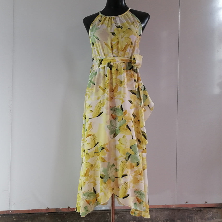 Vacationg Fashion Floral Print Women Casual Ruffled Halter Dress