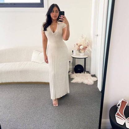 Women Elegant Casual Defined Waist Lapel V-Neck Solid Color Knitted Long Dress