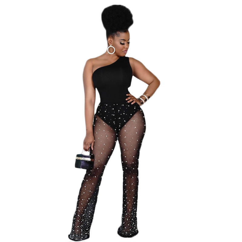 Women Fashion Casual One-Shoulder Mesh See-Through Polka Dot Printing Plus Size Jumpsuit