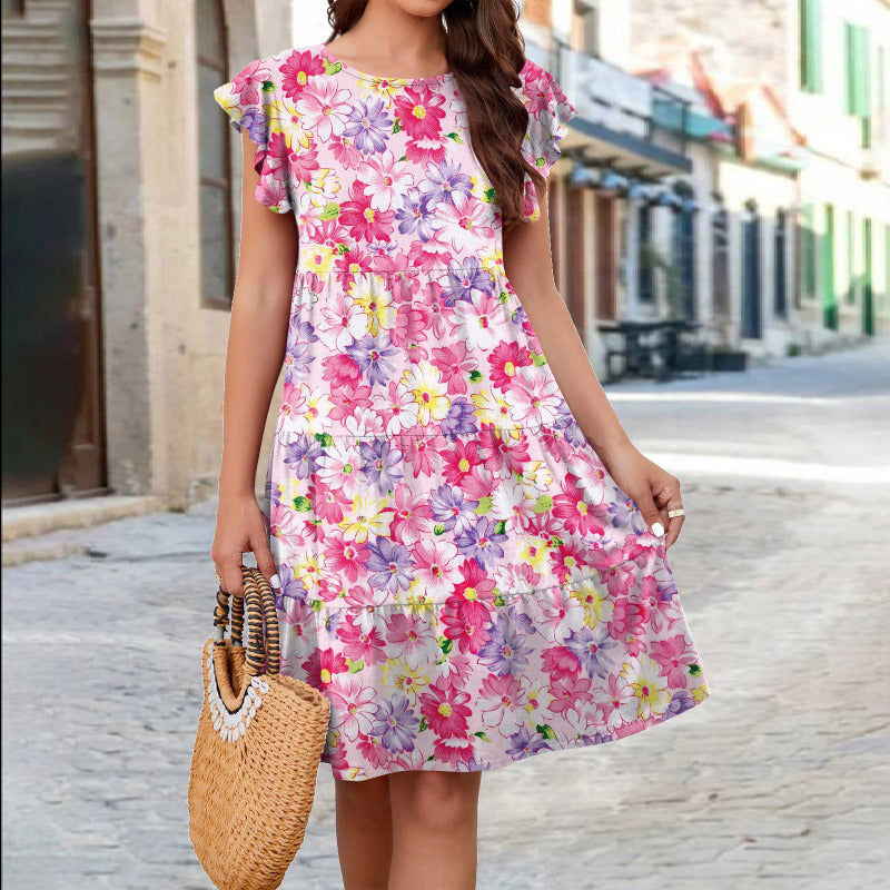 Vestido informal de manga corta con cuello redondo y estampado floral para mujer