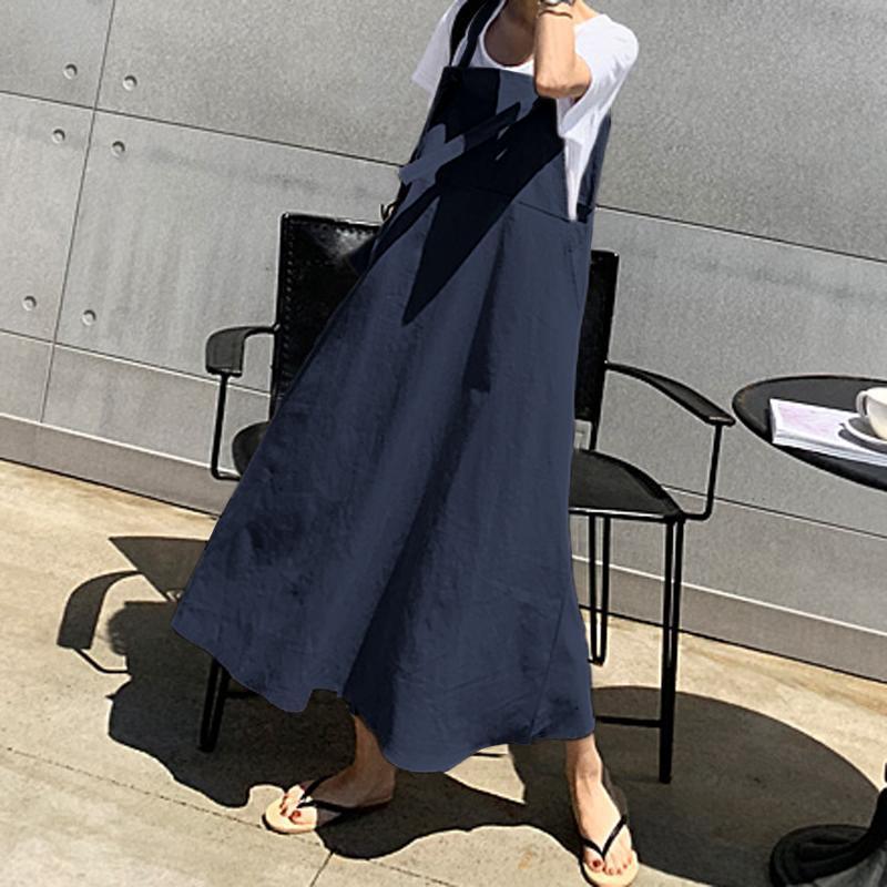 Women Simple Casual Loose Solid Color Large Swing Strap Dress