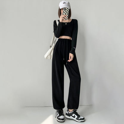 Women Casual Solid Color High Waist Drawstring Sports Pants