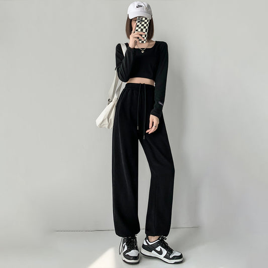 Women Casual Solid Color High Waist Drawstring Sports Pants