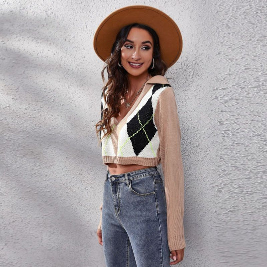 Women Spring Casual Color Blocking Lapel V Neck Long Sleeve Plaid Crop Sweater