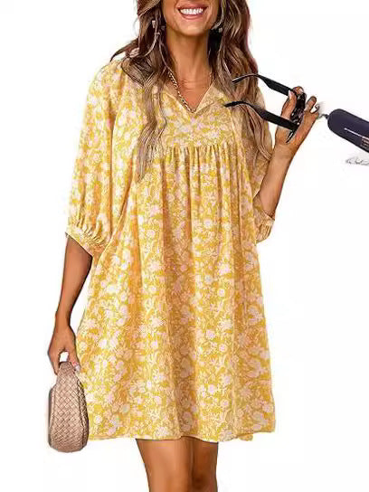 Vestido bohemio informal con estampado floral y cuello en V y mangas farol para mujer